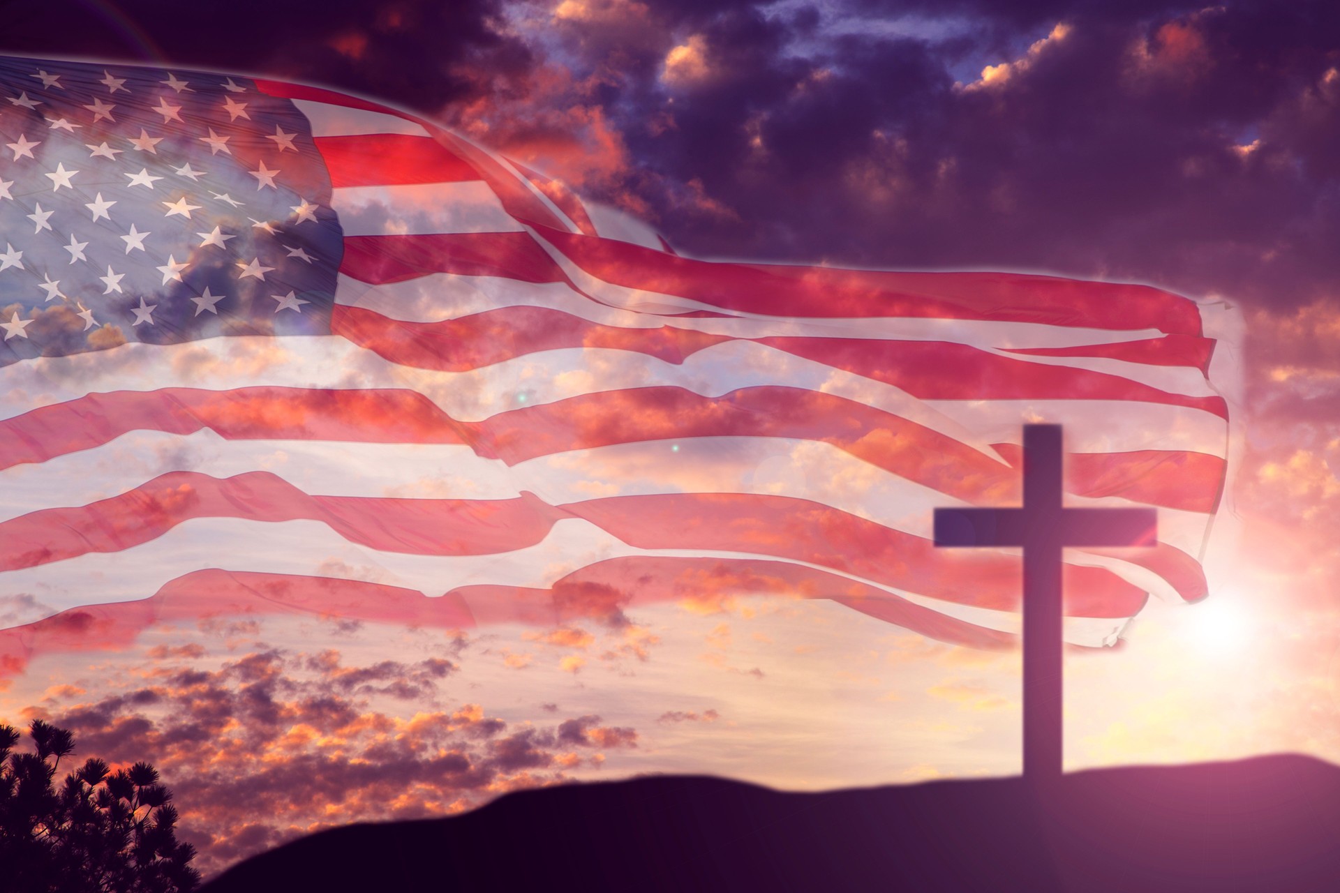 USA flag with sunset sky and Good Friday, Easter cross.
